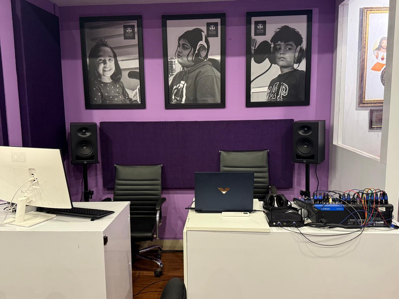 RUDR Control Room — mixing desk, studio monitors, and production setup